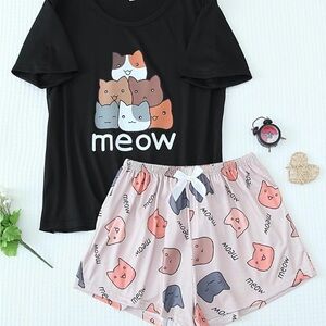 Black and Pink Cat Print Pajama Set